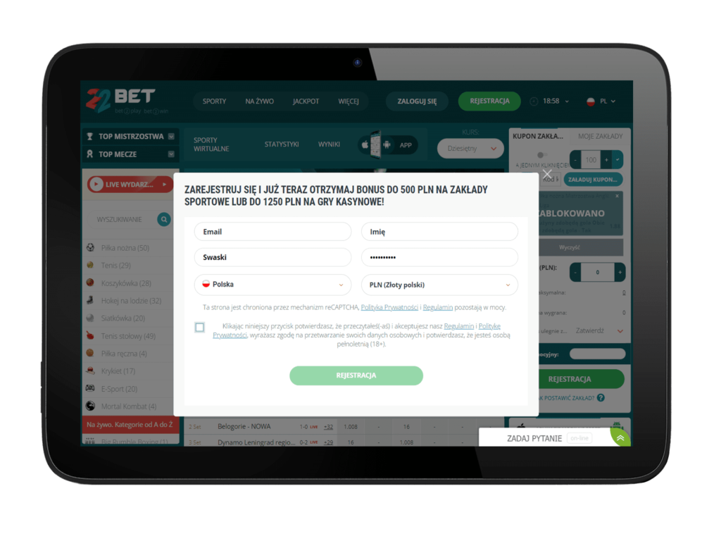 Rejestracja w 22Bet